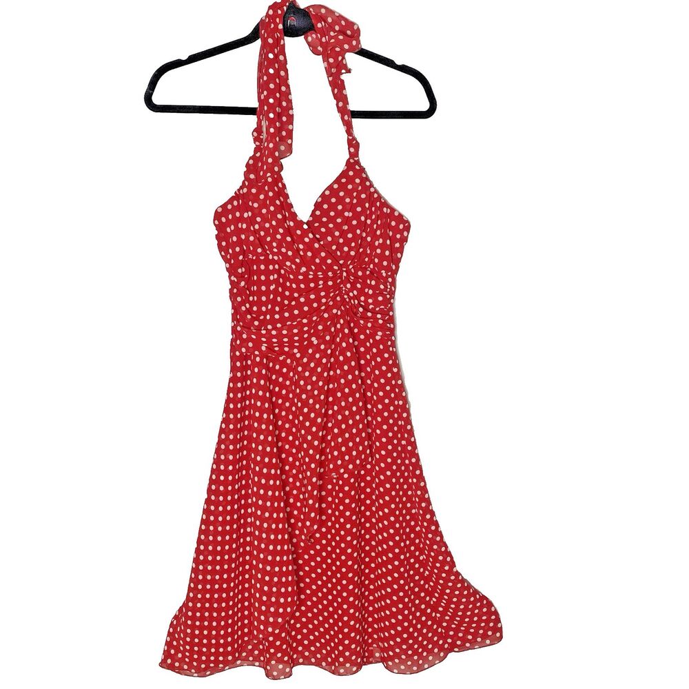 A Byer Red Polka Dot Halter Dress Jr Women 9 Surplice Faux Wrap Pinup Rockabilly